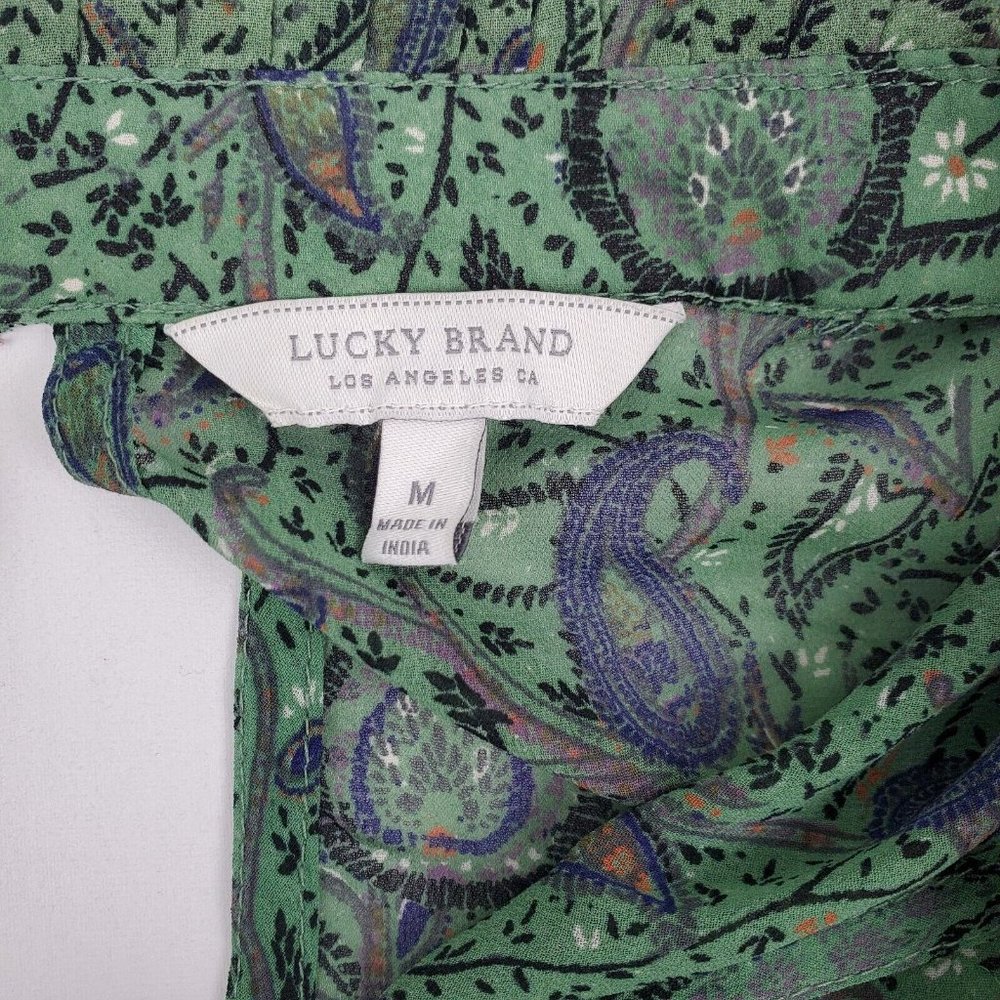 Lucky Brand Womens Peasant Tie Ruffle Sleeve Keyhole Blouse Green Paisley M - Picture 4 of 9